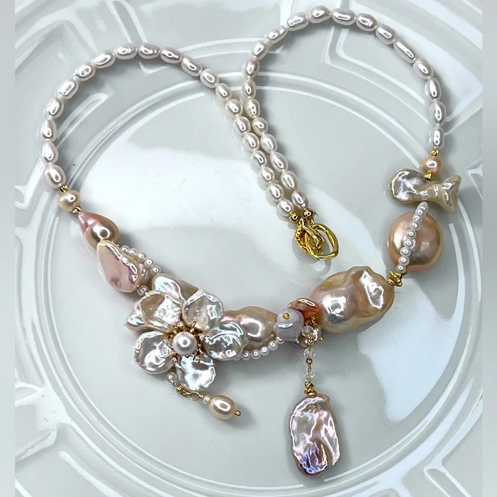 Handmade Premium Champagne Freshwater Keshi Pearl Flower 🌺 Braided Necklace - Picture 1 of 6